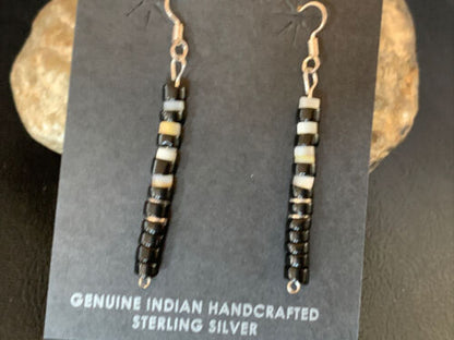 Navajo Black Onyx White Mother of Pearl Earrings | Sterling Silver | 1.5" | Authentic Native American Handmade | 13056