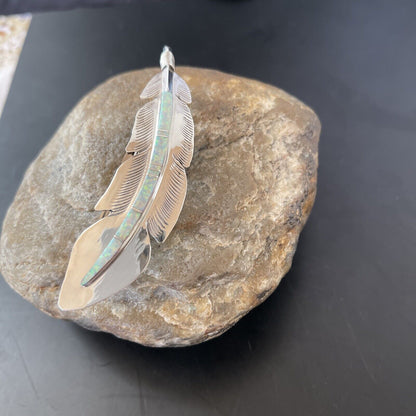 Women's Navajo Sterling Silver Feather Barrette | White Opal Inlay | Handmade | 4" | 2078