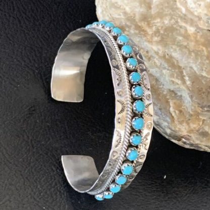 Native American Zuni Blue Turquoise Cuff Bracelet | Sterling Silver Handmade | 12694 - Masha USA