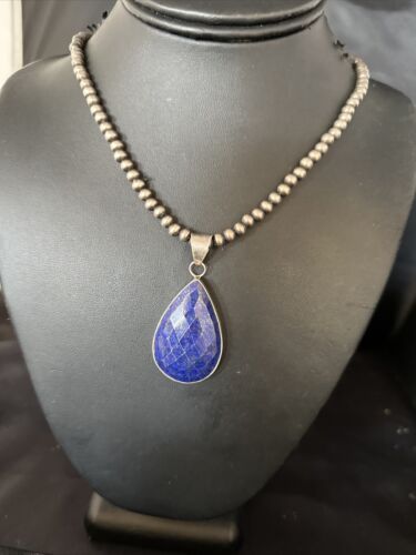 Men's Navajo Pearls Necklace with Faceted Lapis Pendant | Sterling Silver | Authentic Native American Handmade | 14469