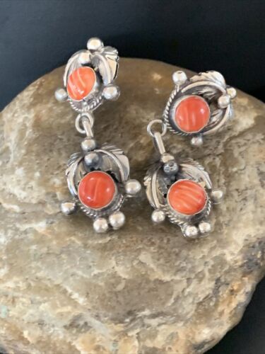 Navajo Red Spiny Oyster Dangle Earrings | Sterling Silver | Authentic Native American Handmade | 2060