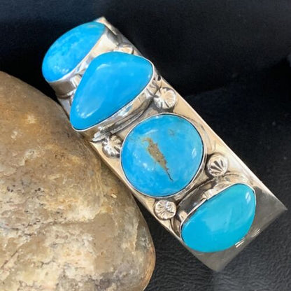 Navajo Kingman Turquoise Row Cuff Bracelet | Sterling Silver | Authentic Native American Handmade | 1410