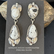 Navajo White Buffalo Turquoise Dangle Earrings | Sterling Silver | 2.5" | Authentic Native American Handmade | 14742