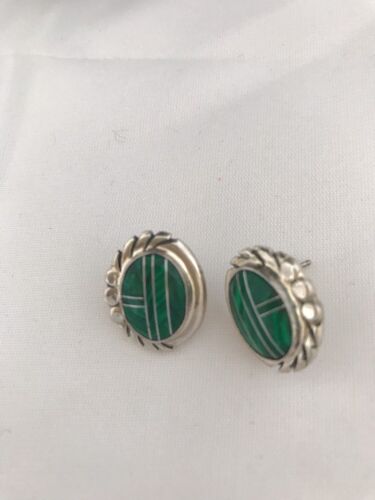 Navajo Green Malachite Inlay Earrings | Sterling Silver | Authentic Native American Handmade | 1987