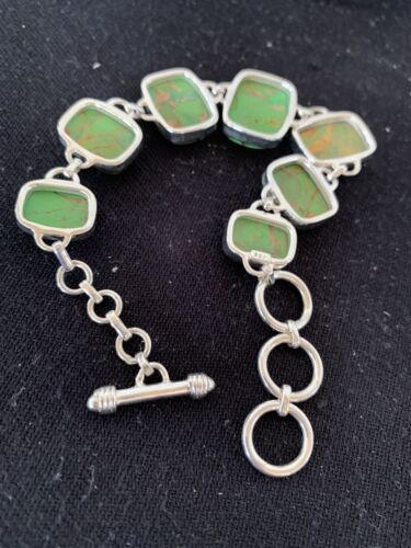 Navajo Green Mojave Turquoise Link Bracelet | Sterling Silver | 8.5" | Authentic Native American Handmade | 662