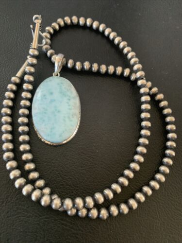 Navajo Blue Larimar Pendant Beads Necklace | Sterling Silver | Authentic Native American Handmade | 1763 - Masha USA