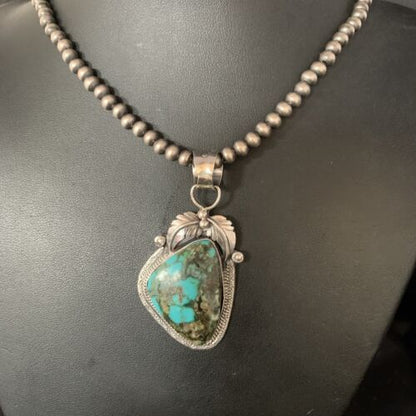 Navajo Spiderweb Turquoise Pendant Necklace | 2.25" | Sterling Silver | Authentic Native American Handmade | 13979
