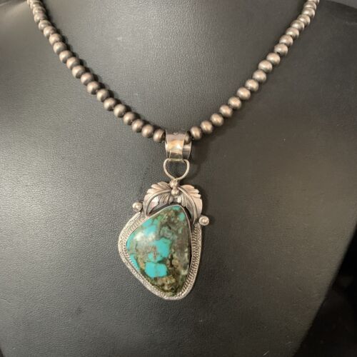 Navajo Spiderweb Turquoise Pendant Necklace | 2.25" | Sterling Silver | Authentic Native American Handmade | 13979