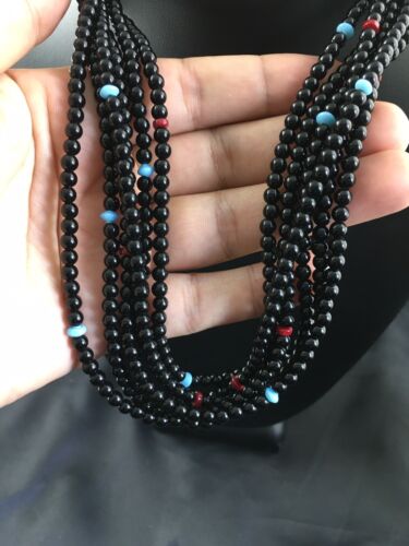 Navajo Black Onyx Coral Turquoise Bead Necklace | Sterling Silver | 18" | Authentic Native American Handmade | 10171