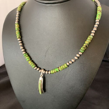 Navajo Green Gaspeite Turquoise Inlay Pendant | Sterling Silver | Authentic Native American Handmade | 13268