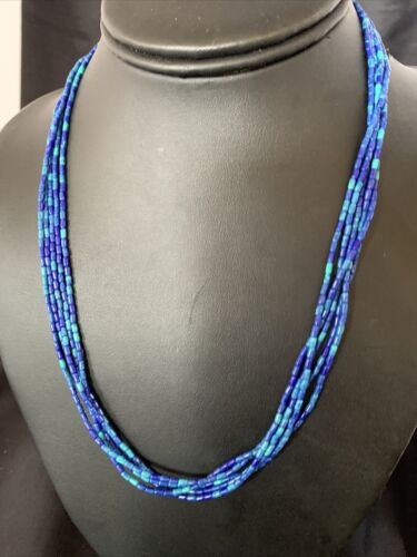 Blue Green Azurite Heishi Necklace | 5 Strand Stabilized Sterling Silver Pendant | 12930