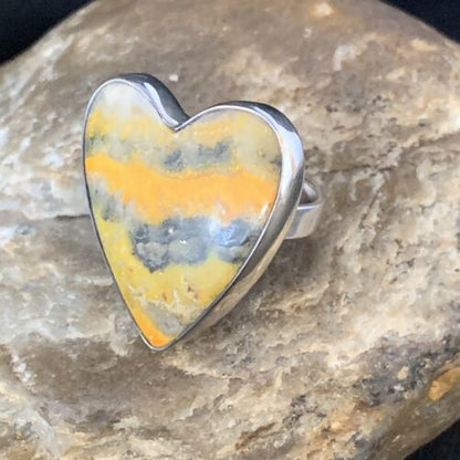 Navajo Sterling Silver Yellow Heart Bumble Bee Jasper Ring | Sz 8 Adjustable | Handmade Jewelry | 14023
