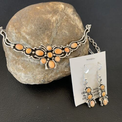 Navajo Orange Spiny Oyster Necklace & Earrings Set | Sterling Silver | Authentic Native American Handmade | 2102
