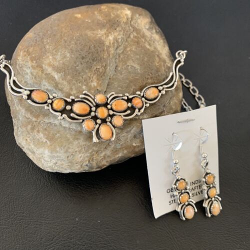 Navajo Orange Spiny Oyster Necklace & Earrings Set | Sterling Silver | Authentic Native American Handmade | 2102