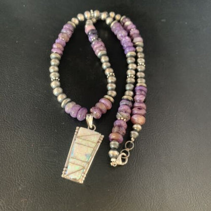 Navajo Purple Charoite White Opal inlay Pendant Necklace | Sterling Silver | Native American Handmade | 13435
