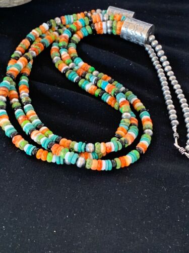 Navajo Green Turquoise, Lapis & Spiny Oyster Necklace | Sterling Silver | Authentic Native American Handmade | 3238
