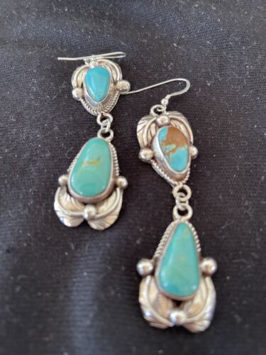 Navajo Royston Turquoise Dangle Earrings | Sterling Silver | Authentic Native American Handmade | 1166