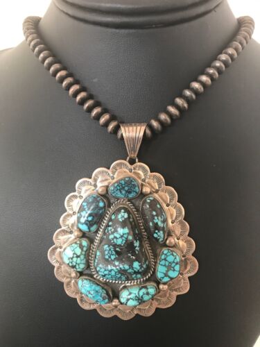USA Old Pawn Handmade Navajo Pearls Sterling Silver Web Turquoise Necklace