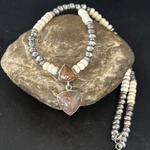 Navajo Pearls Wild Horse Turquoise Necklace Pendant | Sterling Silver | Authentic Native American Handmade | 14374