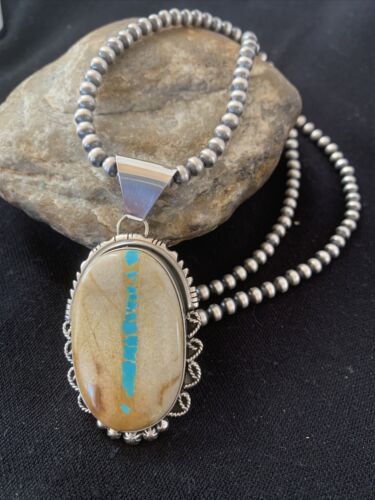 Men's Navajo Pearls Necklace | Sterling Silver Blue Boulder Turquoise Pendant | Native American Handmade | 1534
