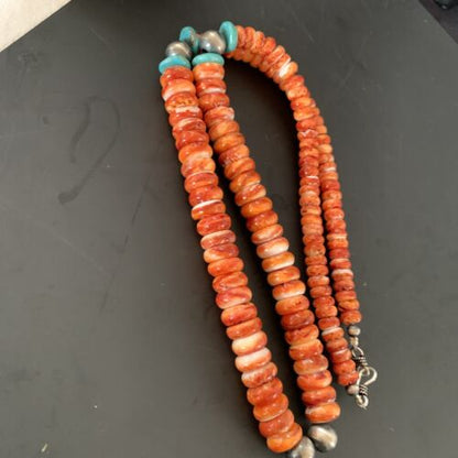 Navajo Pearls Sterling Necklace | Red Spiny Oyster & Turquoise Pendant | 24" | 11327
