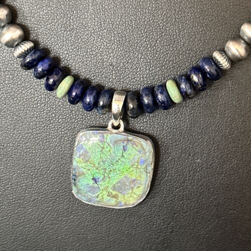 Navajo Green Turquoise Lapis Necklace with Opal Pendant | Sterling Silver | Authentic Native American Handmade | 14368