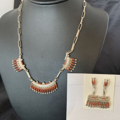 Zuni Coral Sterling Silver Petite Point Needle Necklace Pendant Earrings Set | Authentic Native American Handmade | 11909