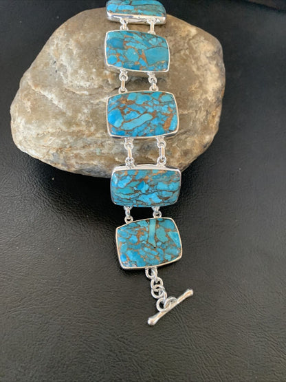 Navajo Blue Mojave Turquoise Link Bracelet | Sterling Silver | 8" | Authentic Native American Handmade | 11629 - Masha USA