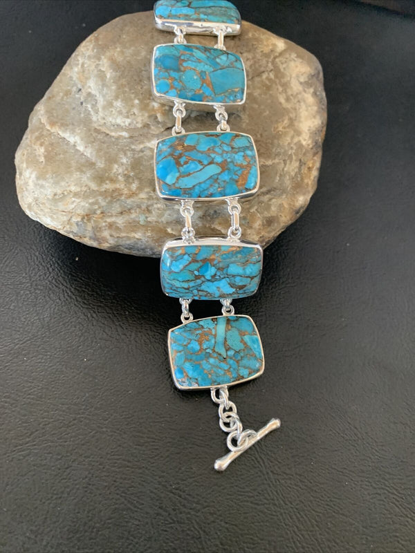 Navajo Blue Mojave Turquoise Link Bracelet | Sterling Silver | 8" | Authentic Native American Handmade | 11628