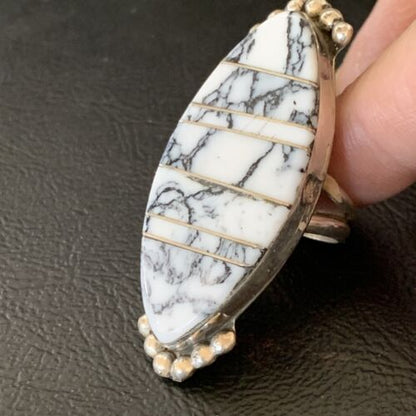 Navajo White Buffalo Turquoise Inlay Ring | Sterling Silver | Sz 6 | Authentic Native American Handmade | 12177
