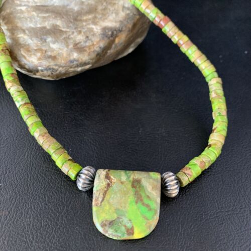 Navajo Green Gaspeite Turquoise Pendant | Sterling Silver | Authentic Native American Handmade | 13940