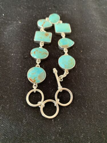 Native American Navajo Blue Turquoise Link Bracelet | Sterling Silver | 9" | 00666