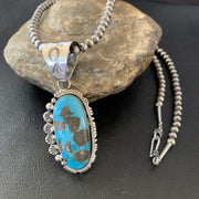 Navajo Pearls Necklace with Blue Kingman Turquoise Pendant | Sterling Silver | Authentic Native American Handmade | 10766