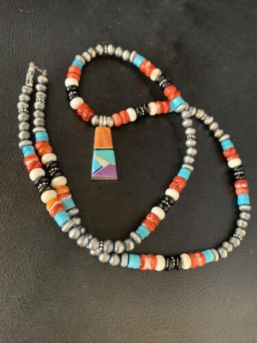 Navajo Multi-Color Turquoise Onyx Inlay Pendant Necklace | Sterling Silver | 13798