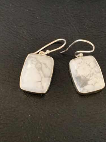 Navajo Sterling Silver White Howlite Black Dangle Rectangle Earrings | 0.75" | 12069