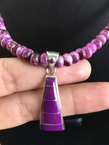 Navajo Purple Sugilite Inlay Pendant Necklace | Sterling Silver | 17" | Authentic Native American Handmade | 10008