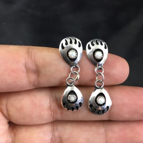 Navajo White Opal Bear Paw Dangle Earrings | Sterling Silver | 1.30" | Authentic Native American Handmade | 8694