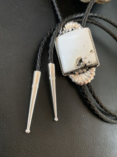 Navajo White Buffalo Turquoise Bolo Tie | Sterling Silver | Authentic Native American Handmade | 12905