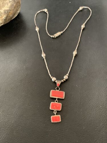 Native American Old Pawn Apple Coral Necklace | Sterling Silver | 19" | 02187