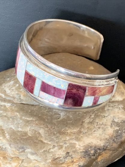 Zuni Purple Spiny Oyster Opal Inlay Cuff Bracelet | Sterling Silver | Authentic Native American Handmade | 12094