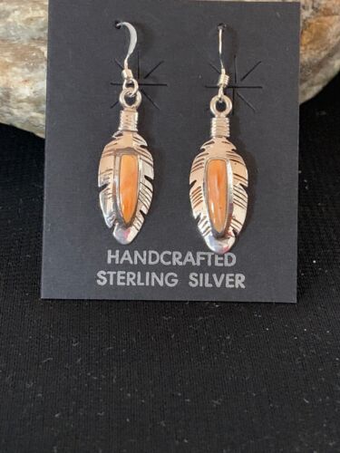 Navajo Orange Spiny Oyster Feather Earrings Set | Sterling Silver | Authentic Native American Handmade | 2741