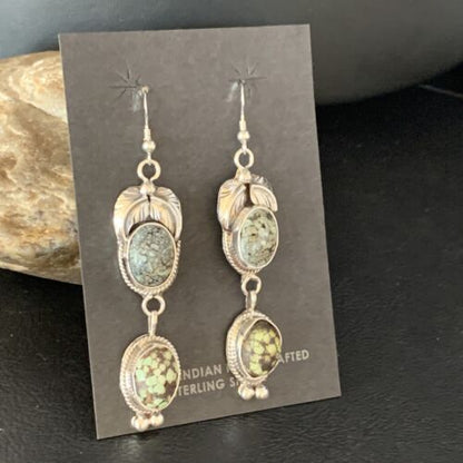 Navajo Green Spiderweb Turquoise Dangle Earrings | Sterling Silver | Authentic Native American Handmade | 13545
