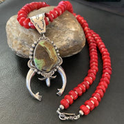 Navajo Green Gaspeite Naja Pendant with Red Coral | Sterling Silver | 23" Necklace | Authentic Native American Handmade | 11165