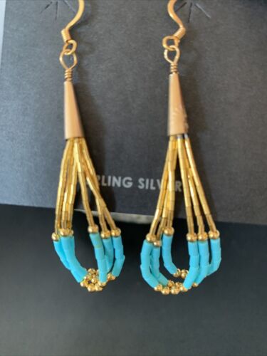 Navajo Blue Turquoise Dangle Heishi Earrings | Liquid Gold Filled Tubes | 2" | 13032