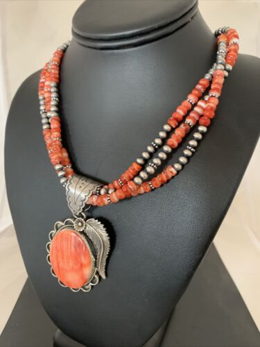 Navajo Red Spiny Oyster Pendant Necklace | 3 Strand Sterling Silver | Native American Handmade | 1327