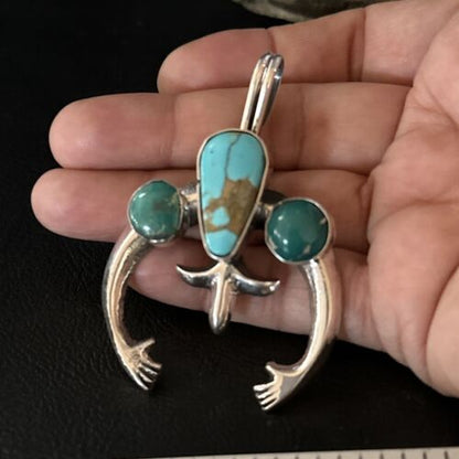 Navajo Sterling Silver Blue #8 Turquoise Naja Pendant | Authentic Native American Handmade | 14674