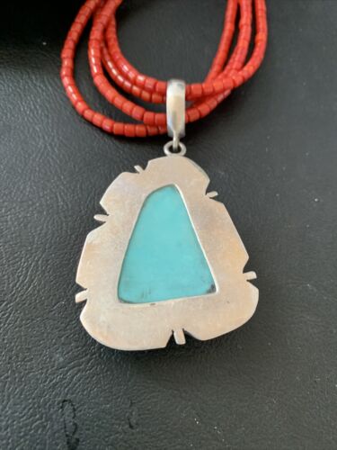 Navajo Red Coral Turquoise Bead Necklace Pendant | Sterling Silver | Multi-Strand | 1953