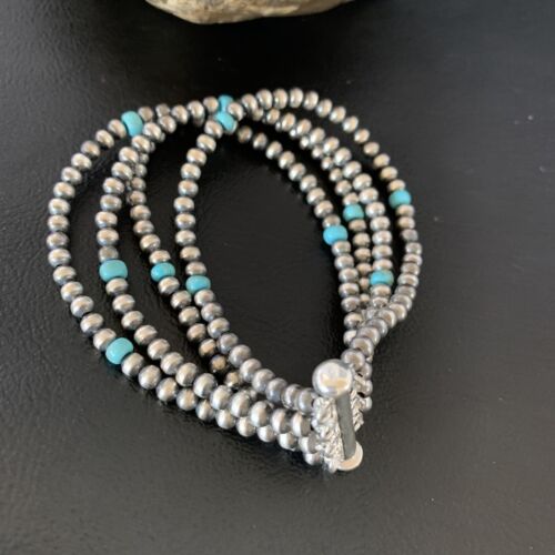 Navajo Pearls Blue Turquoise Bracelet | Sterling Silver | 4-Strand | Authentic Native American Handmade | 13148