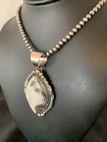 Navajo White Buffalo Turquoise Necklace Pendant | Sterling Silver | XL Men's | Authentic Native American Handmade | 11685
