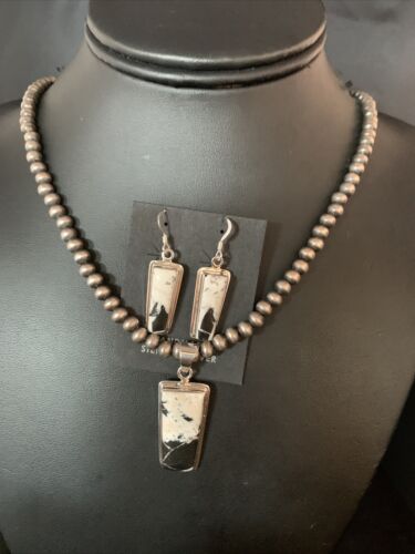 Navajo White Buffalo Turquoise Pendant | Sterling Silver Dangle Earrings | Authentic Native American Handmade | 14099